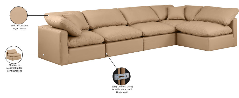 Indulge Upholstered Modular L-Shaped Sectional, Tan, 5-Piece: 3 Armless Chair, 2 Corner Chair, Fiber Stuffed Vegan Leather