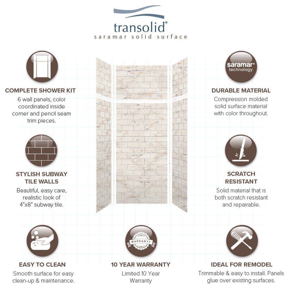 Transolid SaraMar 36"x36"x96" 6-Piece Shower Wall Kit, Biscotti Marble