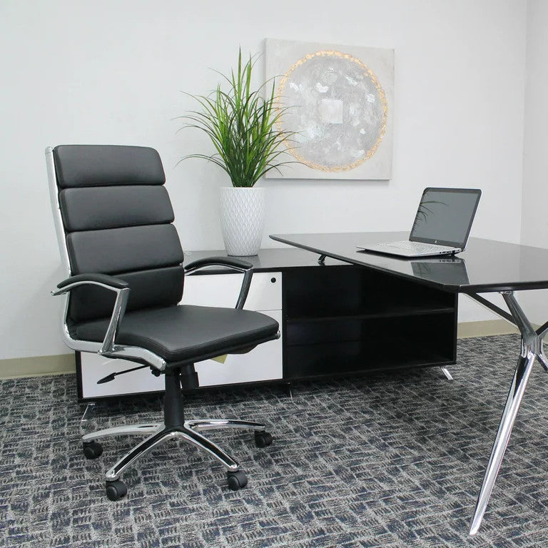 Elegant Office Chair, Chrome Plated Frame & Unique Channeled High Back, Black