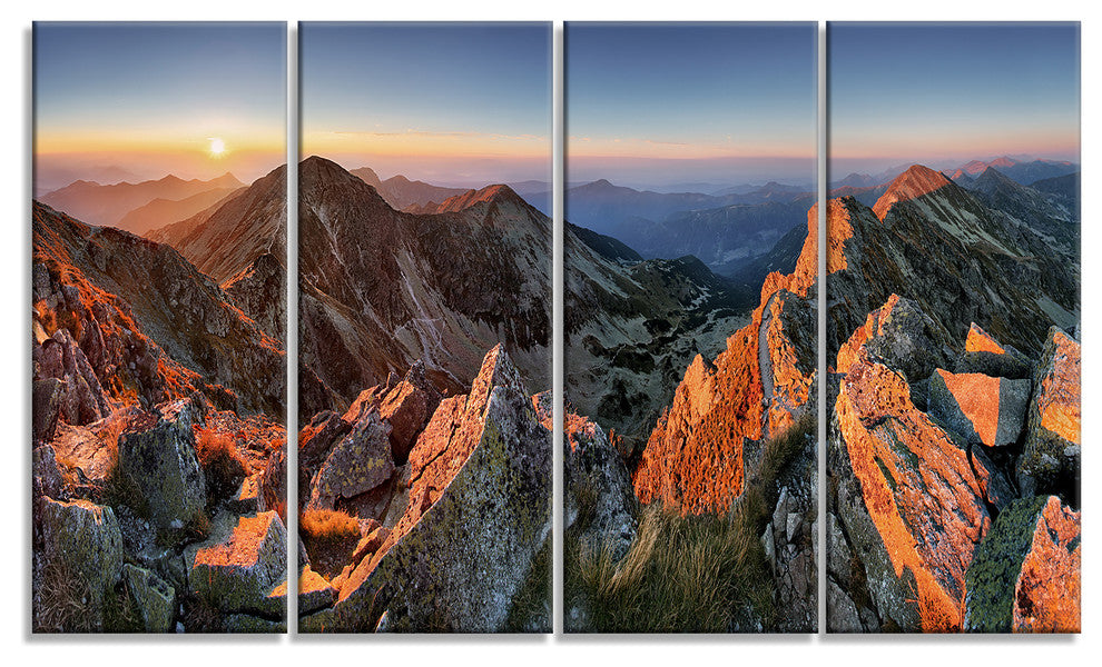 Majestic Sunset in Fall Mountains, Landscape Canvas Art Print, 48"x28", 4 Panels