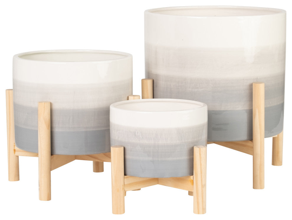 8" Ceramic Planter With Wood Stand, Beige Mix