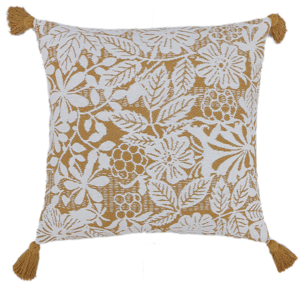 Mustard Machine Woven with Tassels Rubus Throw Pillow, 20" x 20"