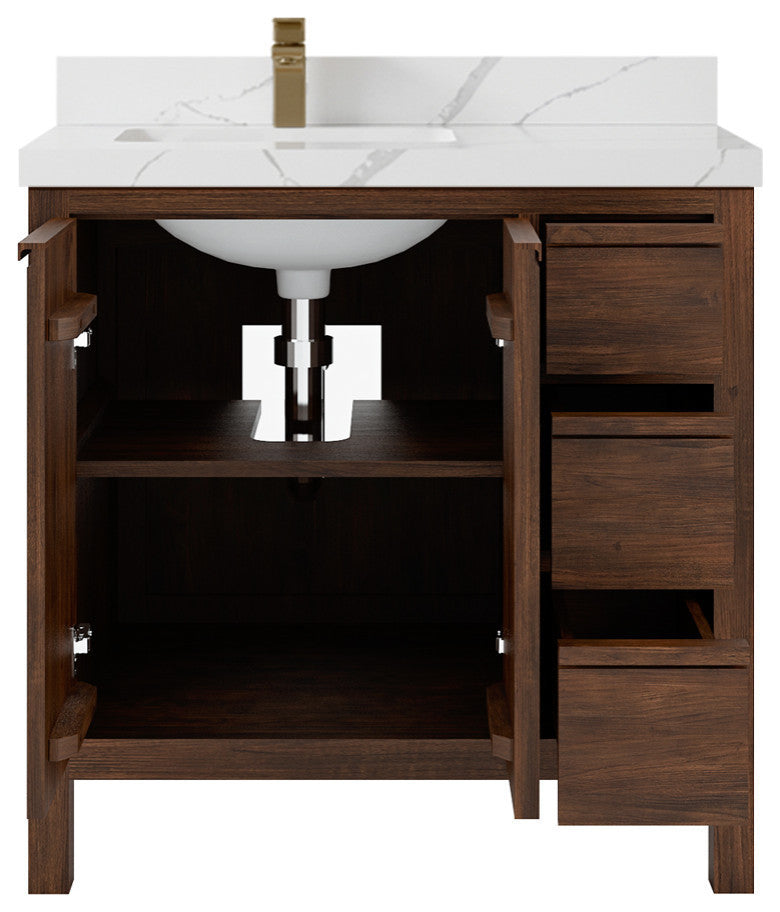 Elizabeth 36 Left Offset Bath Vanity in Dark Walnut Teak 2" Calacatta Laza