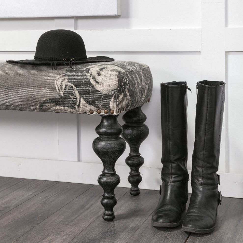 Alhambra Gray Upholstered Seat With Black Solid Wood Legs Accent Bench