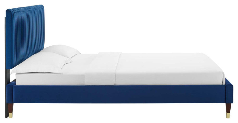 Platform Bed Frame, Twin Size, Velvet, Blue Navy, Modern Contemporary, Bedroom