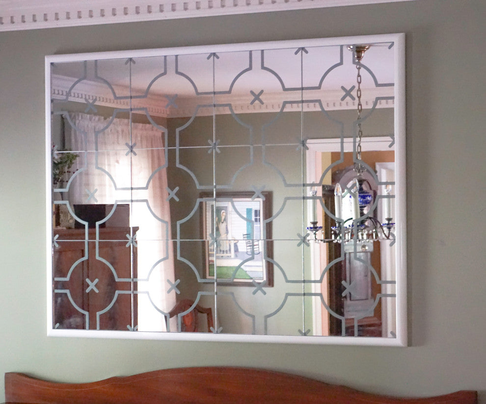 Large Etched Glass Mirror, Geometric Mid Century Art Mirror