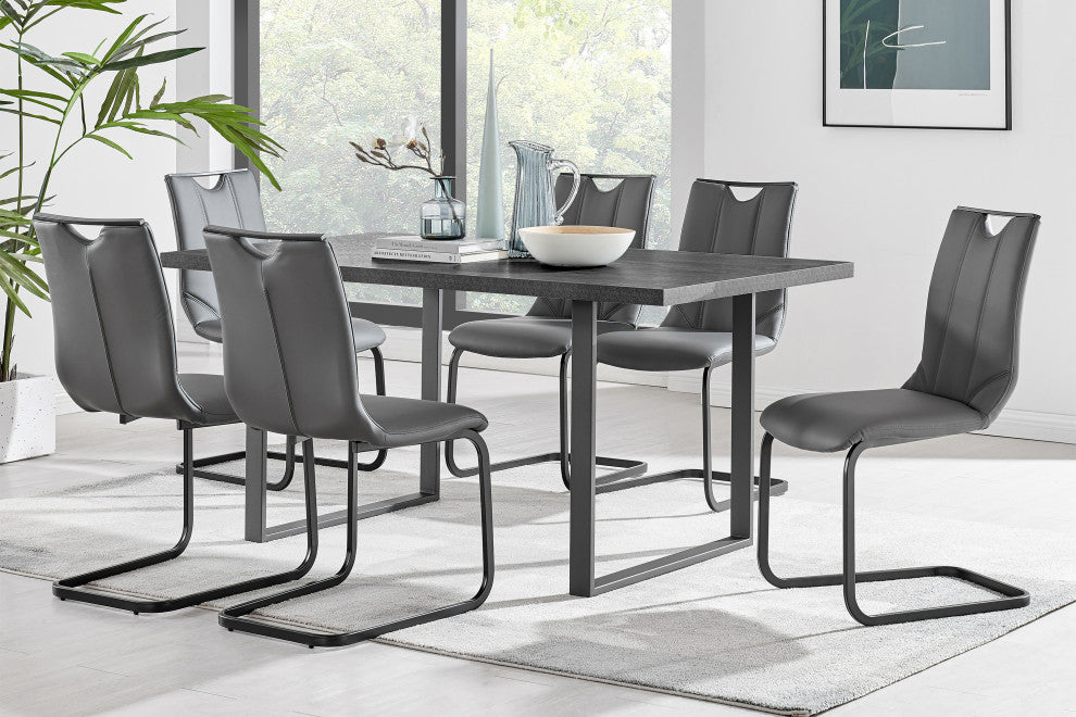 Fenton and Gray Pacific 7-Piece Dining Set, Black Matte Powder Coating, Gray Faux Leather and Black Table