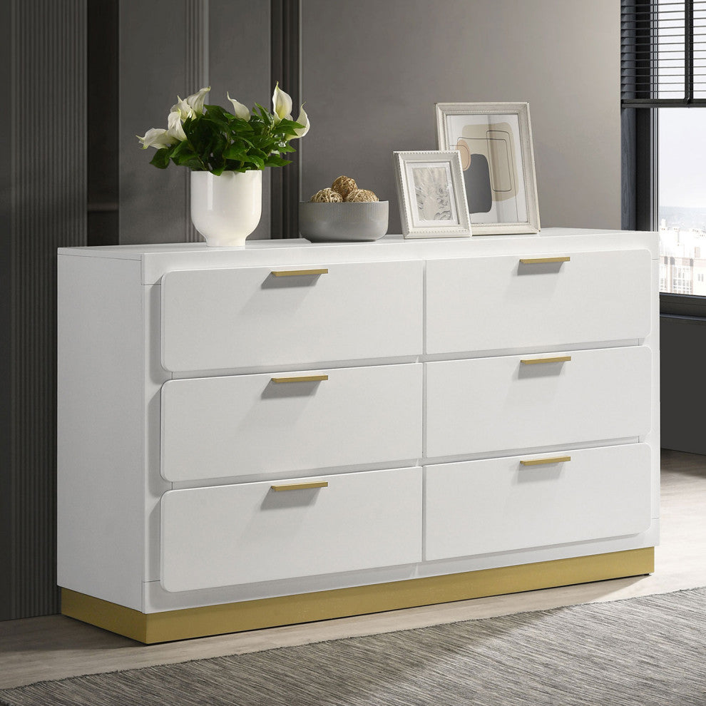 6 Drawers Wooden Nightstand With Bar Drawer Pulls, White and Gold