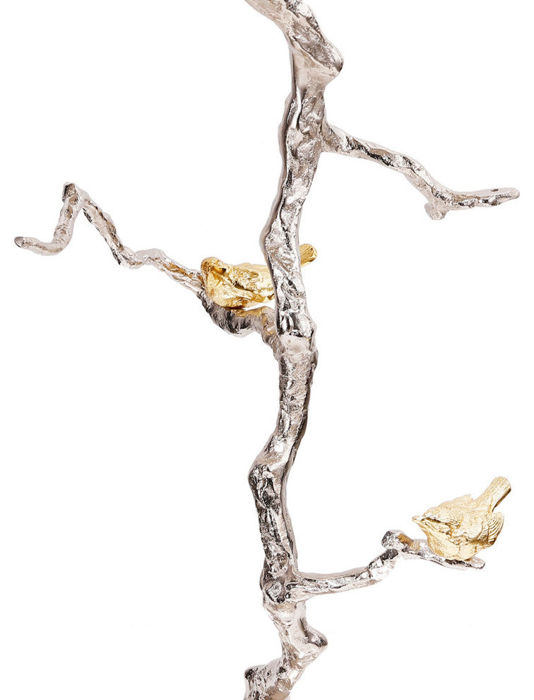 Benzara BM285256 28" Accent Table, Artful Branch, Gold Bird Accents, Silver