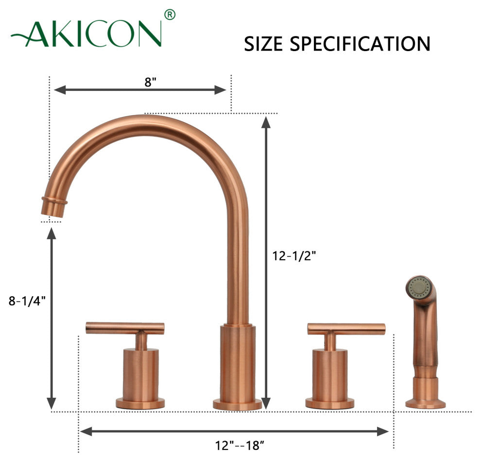 Akicon™ Two-Handles Copper Widespread Kitchen Faucet With Plastic Side Sprayer