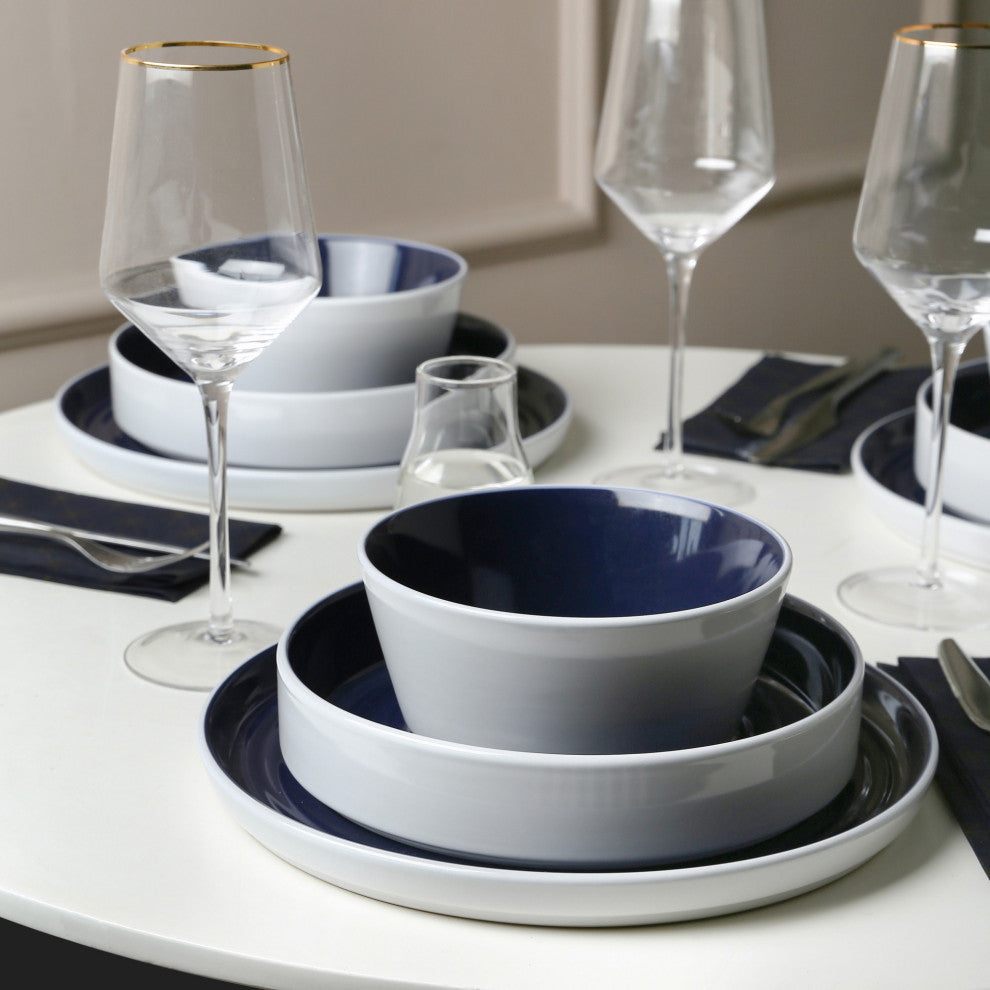 Stone Lain Elica Stoneware 24 Piece Dinnerware Set, Navy and White