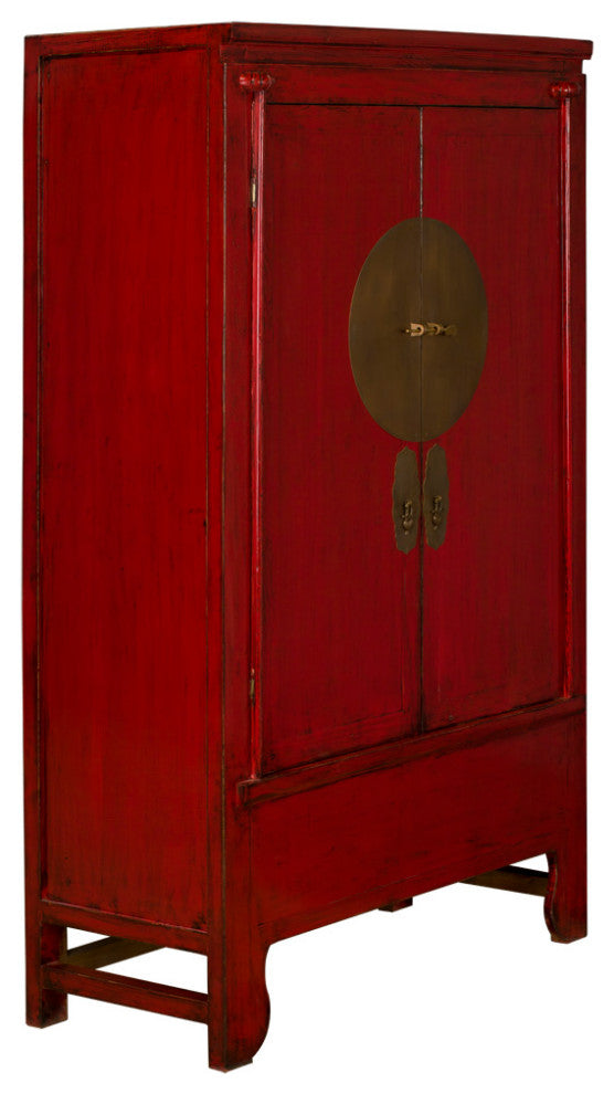 Distressed Elmwood Chinese Ming Wedding Armoire, Distressed Red