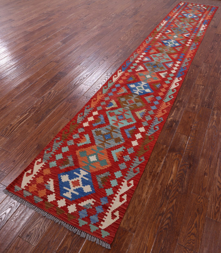 2' 7" X 15' 11" Runner Kilim Flat Weave Reversible Wool On Wool Rug - Q12556
