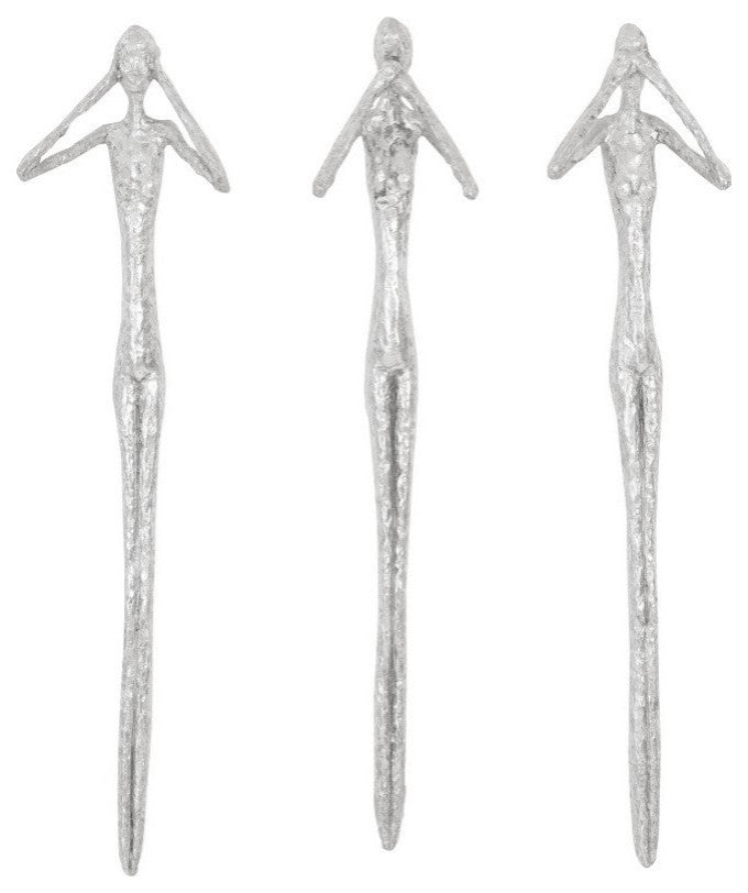 See, Speak, Hear No Evil Wall Art, Resin, 3-Piece Set, Silver Leaf