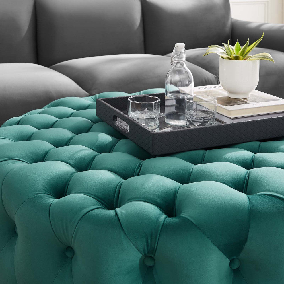 Round Ottoman Accent Tufted Chair, Teal Blue, Velvet, Modern, Cafe Hospitality