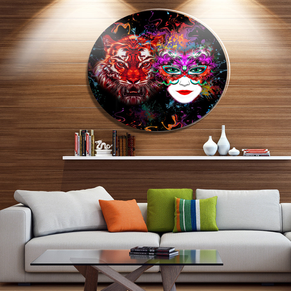 Tiger And Woman Colorful Faces, Abstract Large Disc Metal Wall Art, 11"