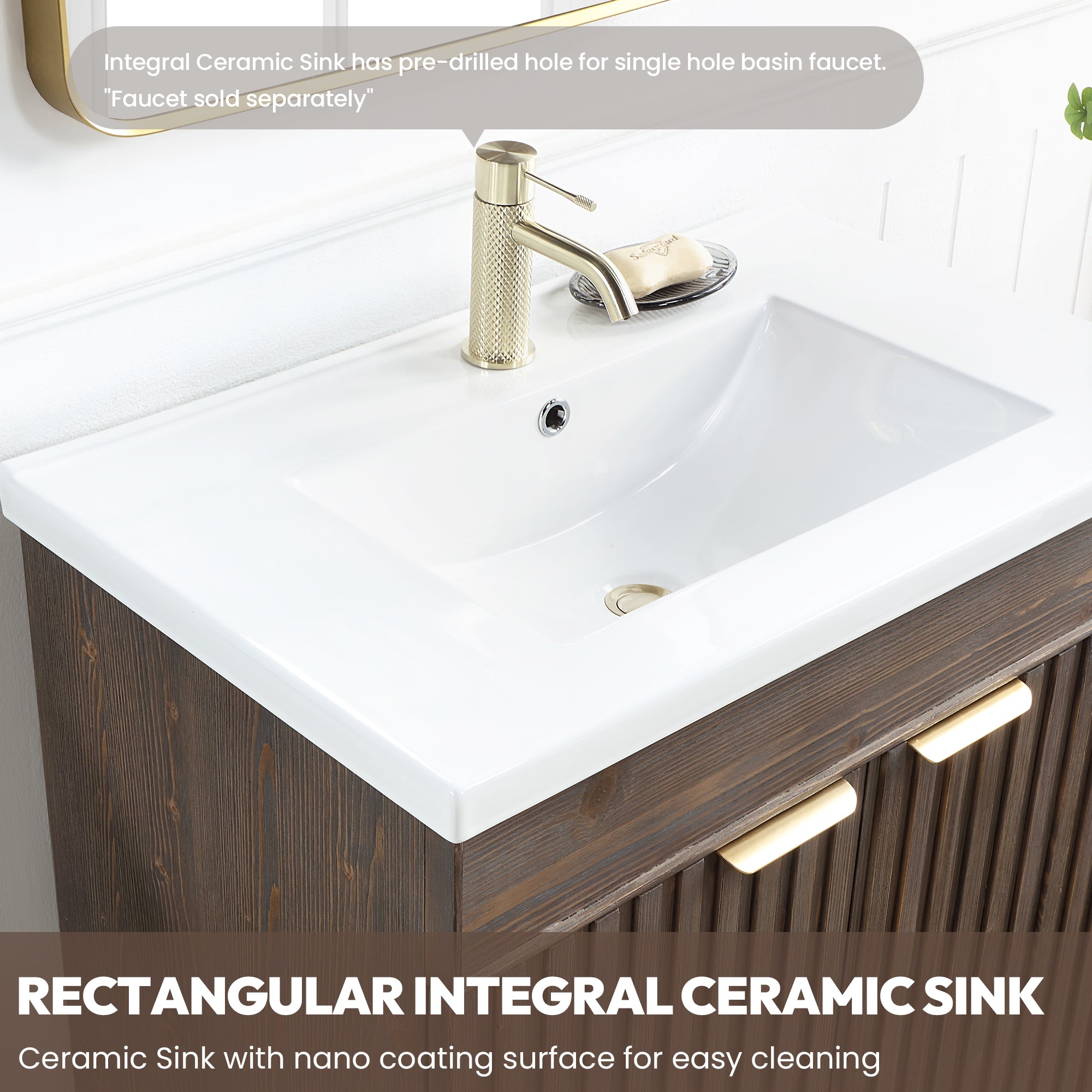 Palos Bathroom Vanity, Spruce Aged Brown, 24", Ceramic Top, With Mirror