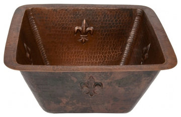15" Square Fleur De Lis Copper Bar/Prep Sink With 3.5" Drain Opening