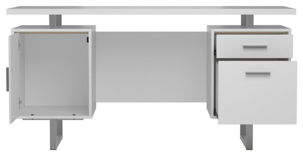 Wooden Office Desk with Floating Top and File Cabinet, White
