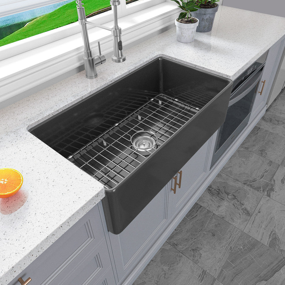 Sinber Farmhouse Apron Single Bowl Kitchen Sink with Fireclay 2 Accessories, Black, 33" X 18"