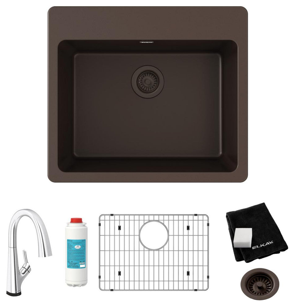 Quartz Classic 25" Single Bowl Drop-in Sink Kit With Filtered Faucet, Mocha