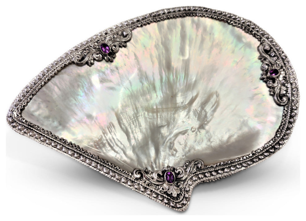 South Sea Shell Plate with Repose Silver set with Amethyst or Red Garnets, Purpl