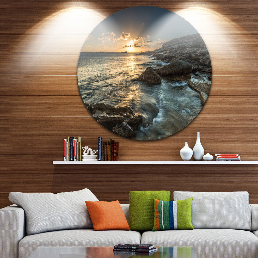 Sydney Beach With Bright Sunset, Seashore Large Disc Metal Artwork, 11"