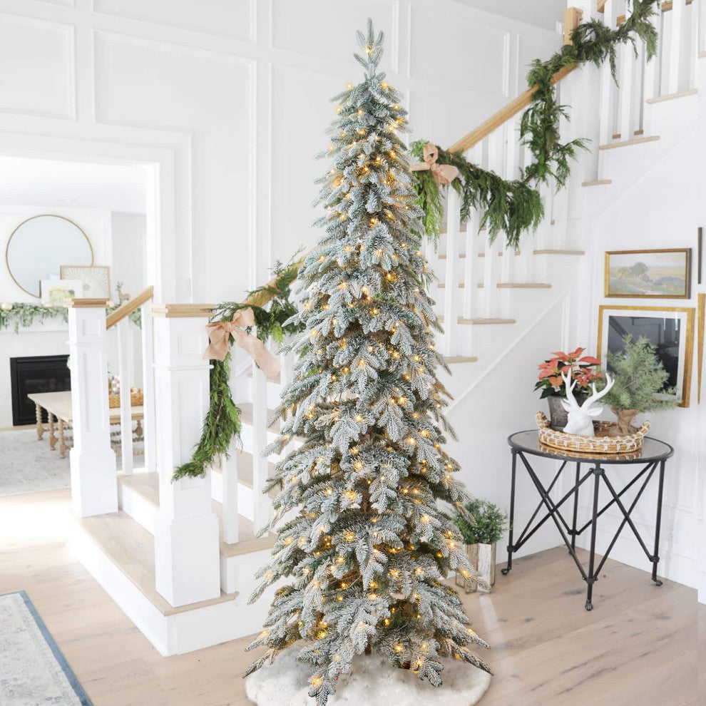 9' Pre-Lit Flocked Pencil Spruce Artificial Christmas Tree with 470 White Light