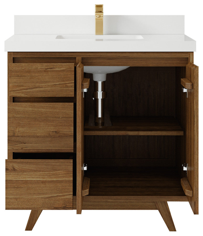Madison Teak 36 Center Sink Bath Vanity in Dark Natural 2" White Quartz