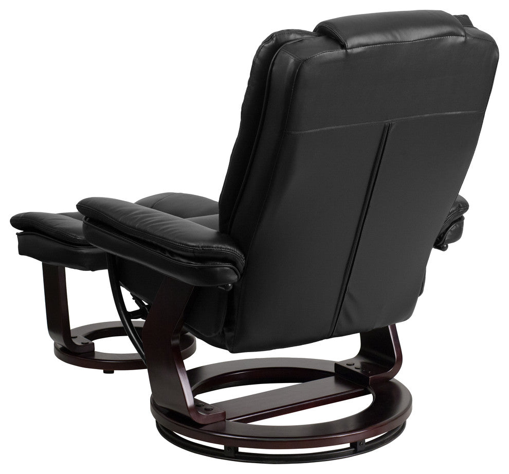 Black Leather Recliner and Ottoman With Swiveling Mahogany Wood Base