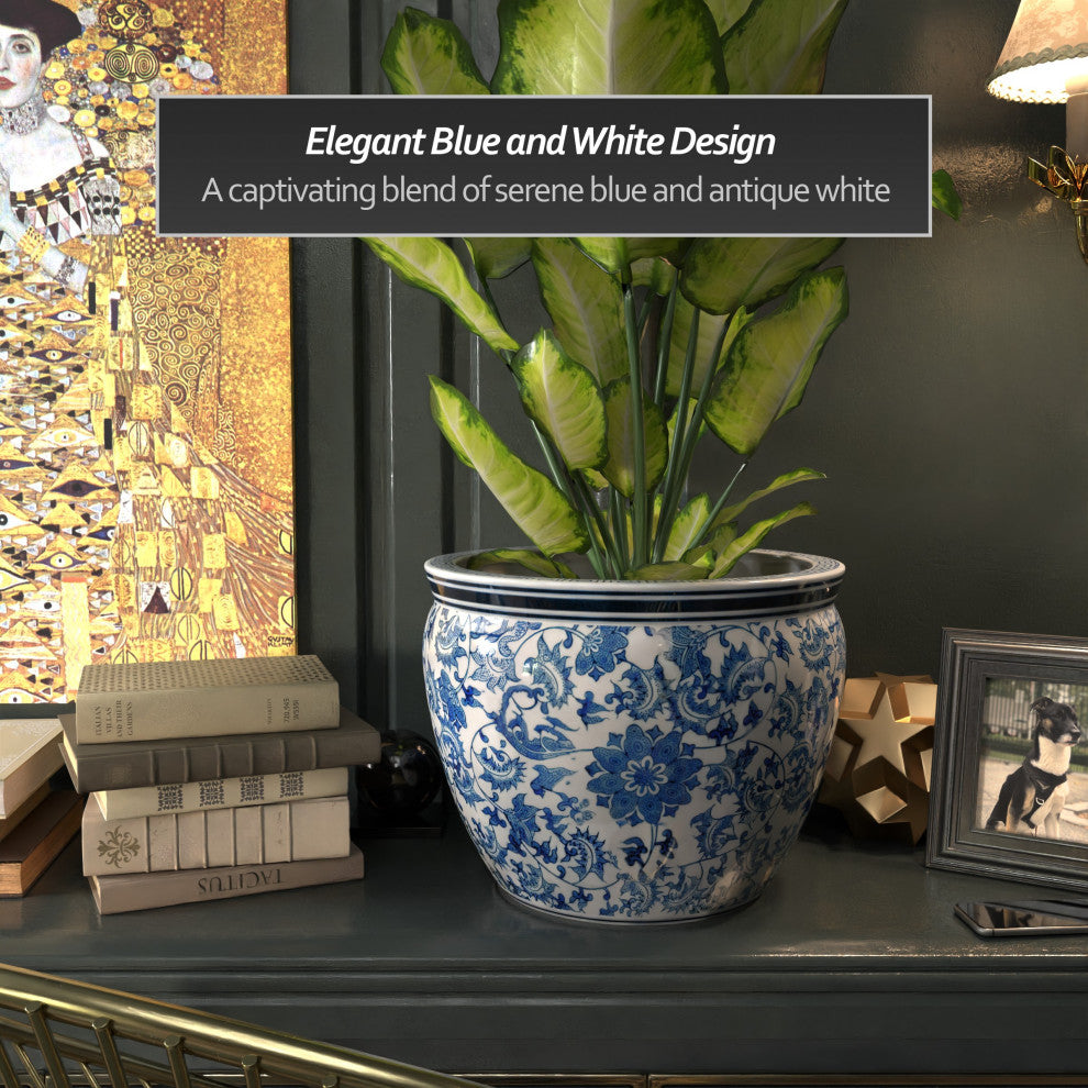 16" Floral Blue and White Porcelain Fishbowl