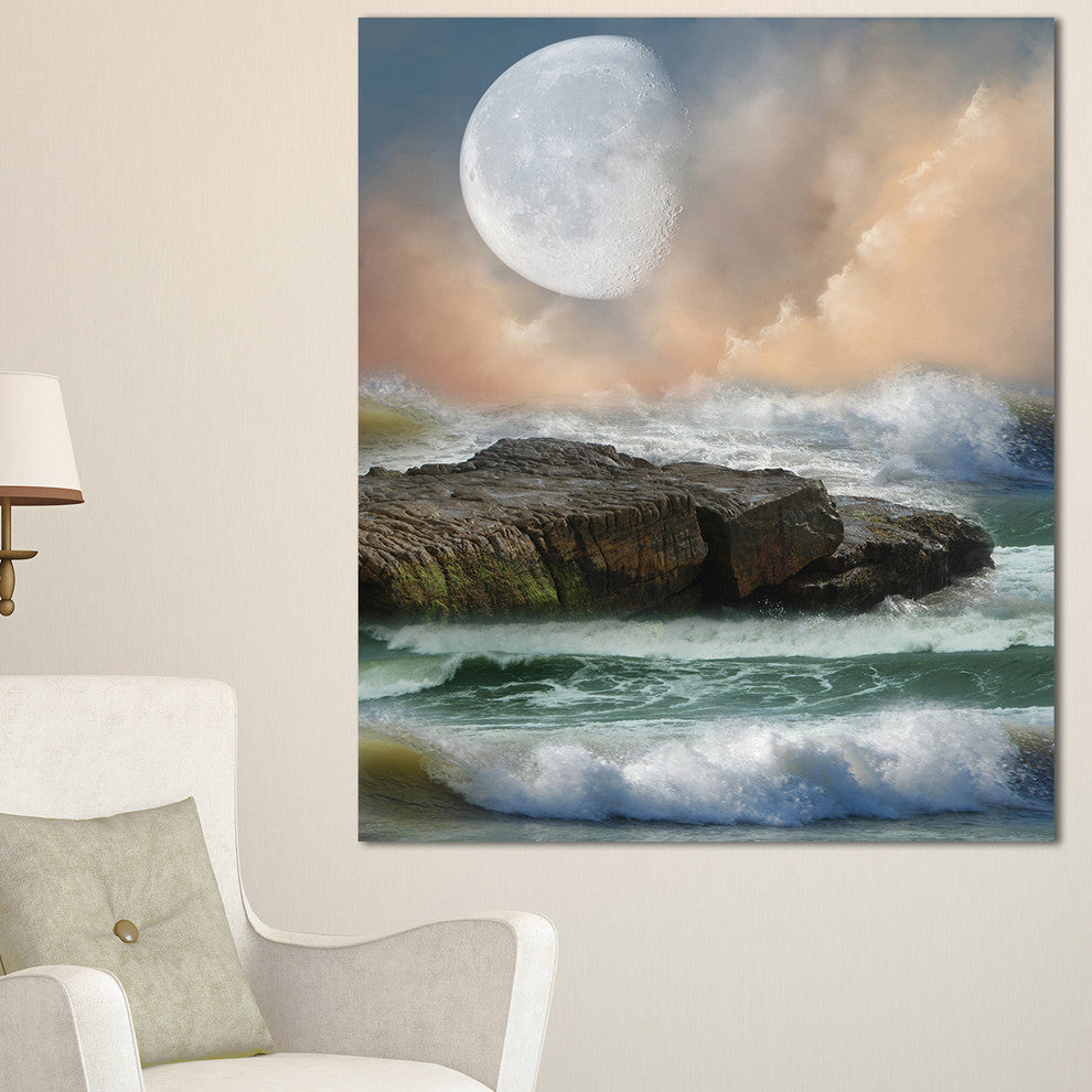 "Roaring Ocean Under Large Moon" Seascape Canvas Photo Print, 30"x40"