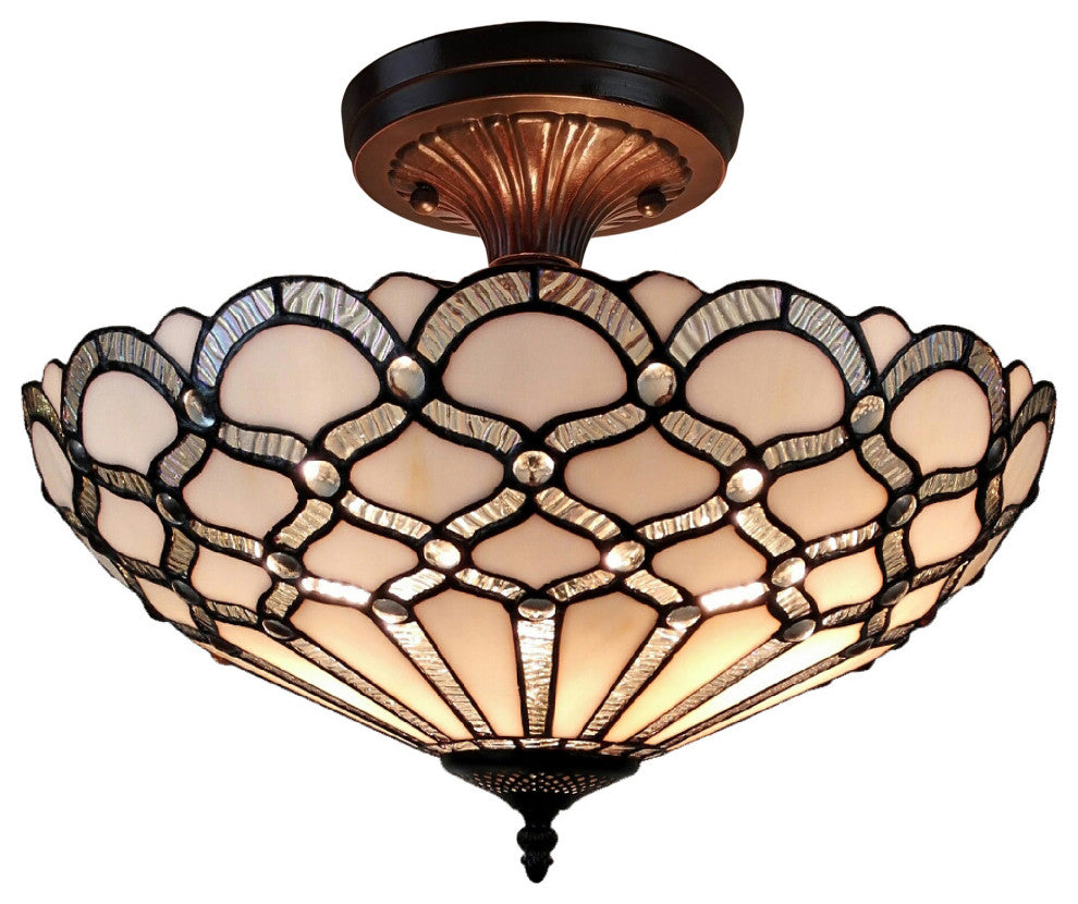 Tiffany Style 2 Light Vintage Semi-Flush Ceiling Lamp 17" Wide