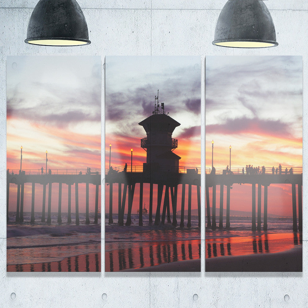 "Pier California at Sunset With Clouds" Metal Wall Art, 3 Panels, 36"x28"