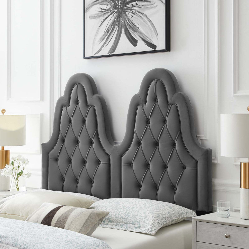 Tufted Headboard, Full Queen Size, Velvet, Dark Gray, Modern Contemporary