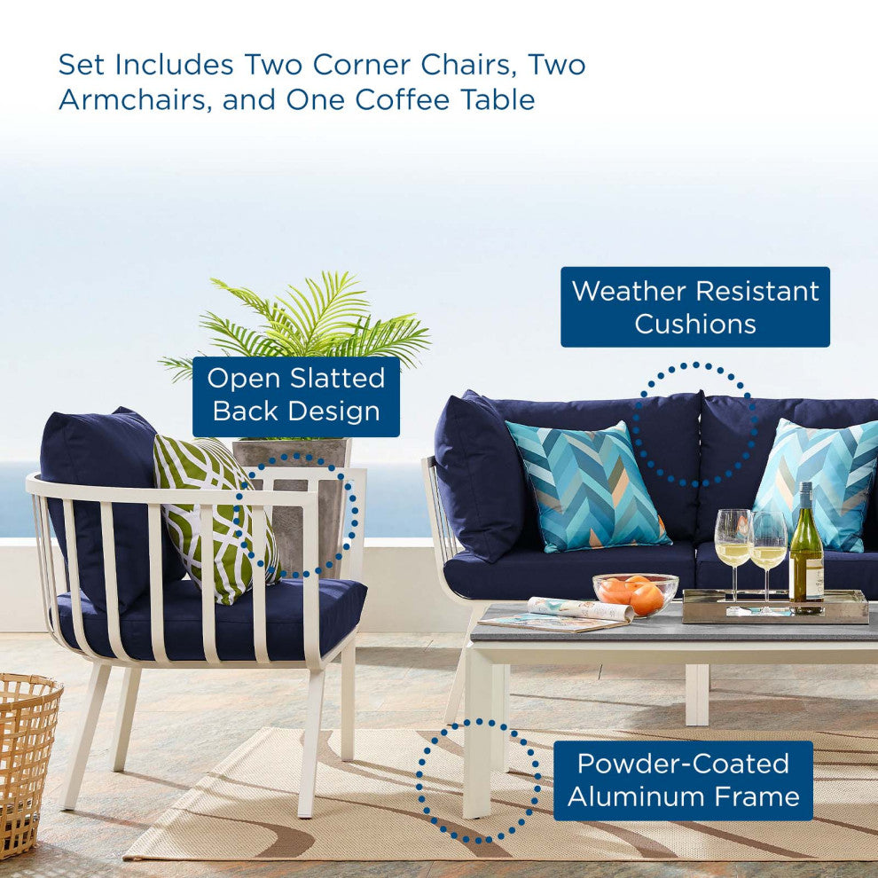 Lounge Sectional Sofa Chair Set, Aluminum, Metal, White Blue Navy, Outdoor