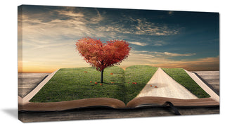 Amazing Heart Tree and Book, Large Abstract Canvas Artwork, 32"x16"