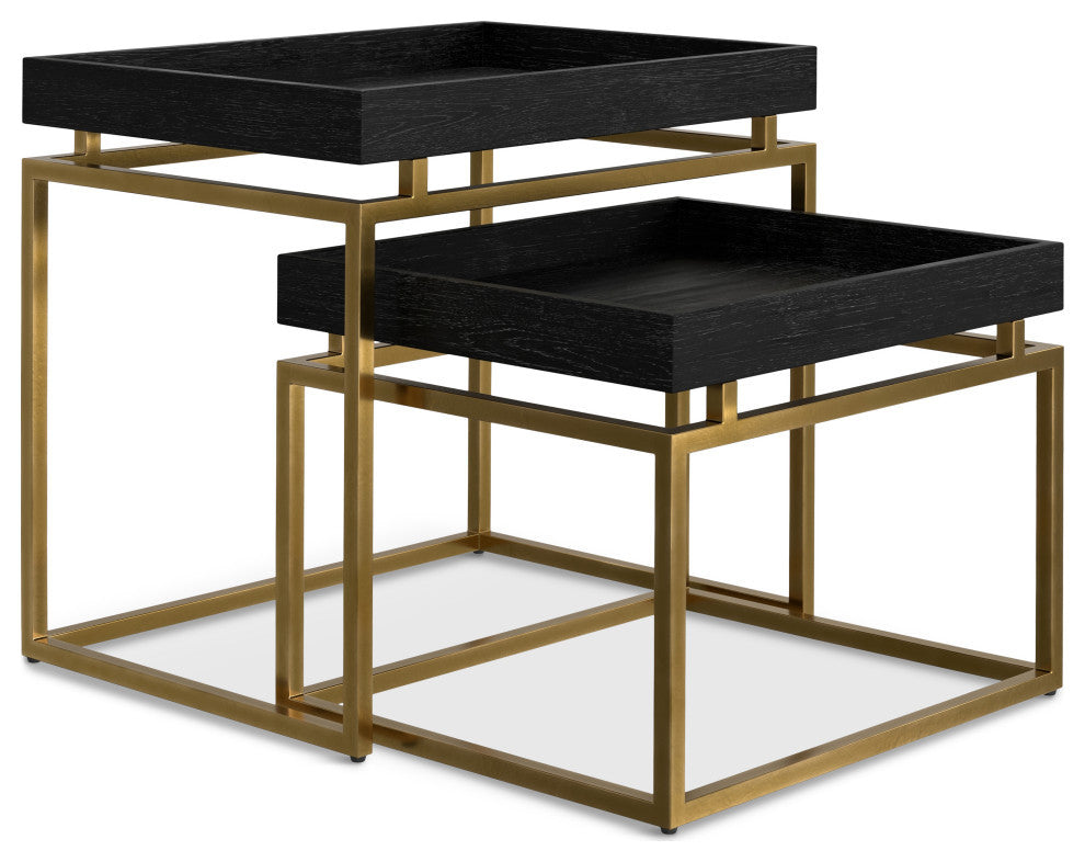 Macy Solid Mango Wood 2 Pc Nesting Table, Black, Gold