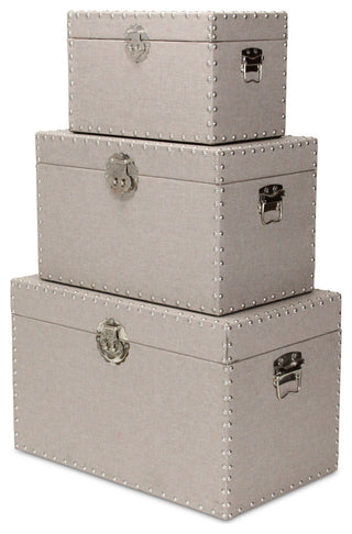 Set Of 3 Linen Trunk With Metal Studs