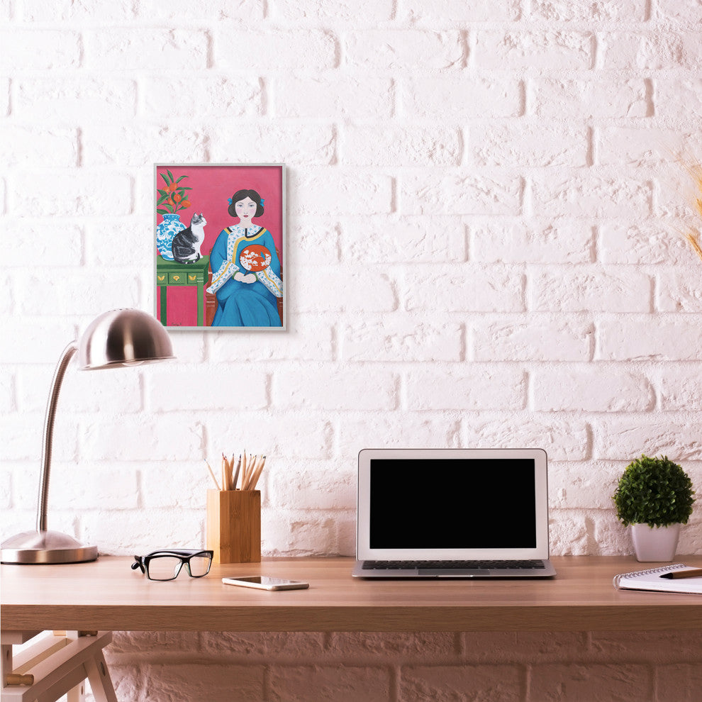 Chinese Woman And Cat Red Green Blue Painting, 11"x14"