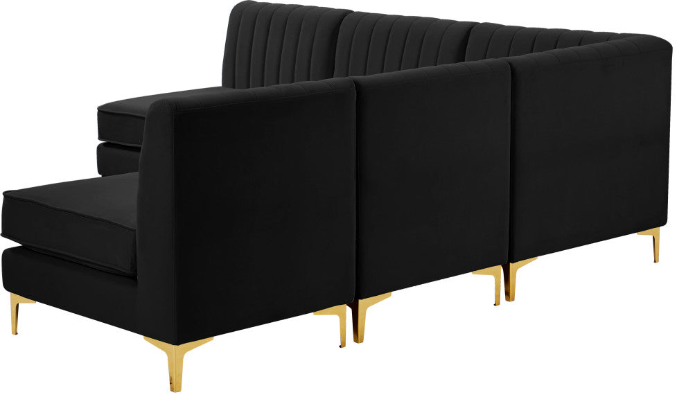 Alina Velvet Modular L-Shaped Modular Sectional, Black, 5-Piece: 4 Armless Chair, 1 Corner Chair