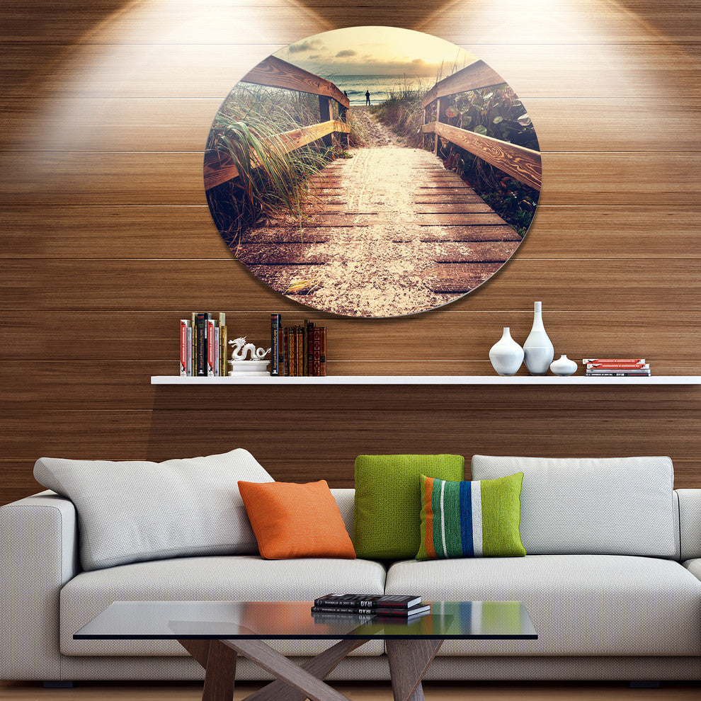 Vintage Wooden Bridge To Seashore, Seashore Round Metal Wall Art, 36"