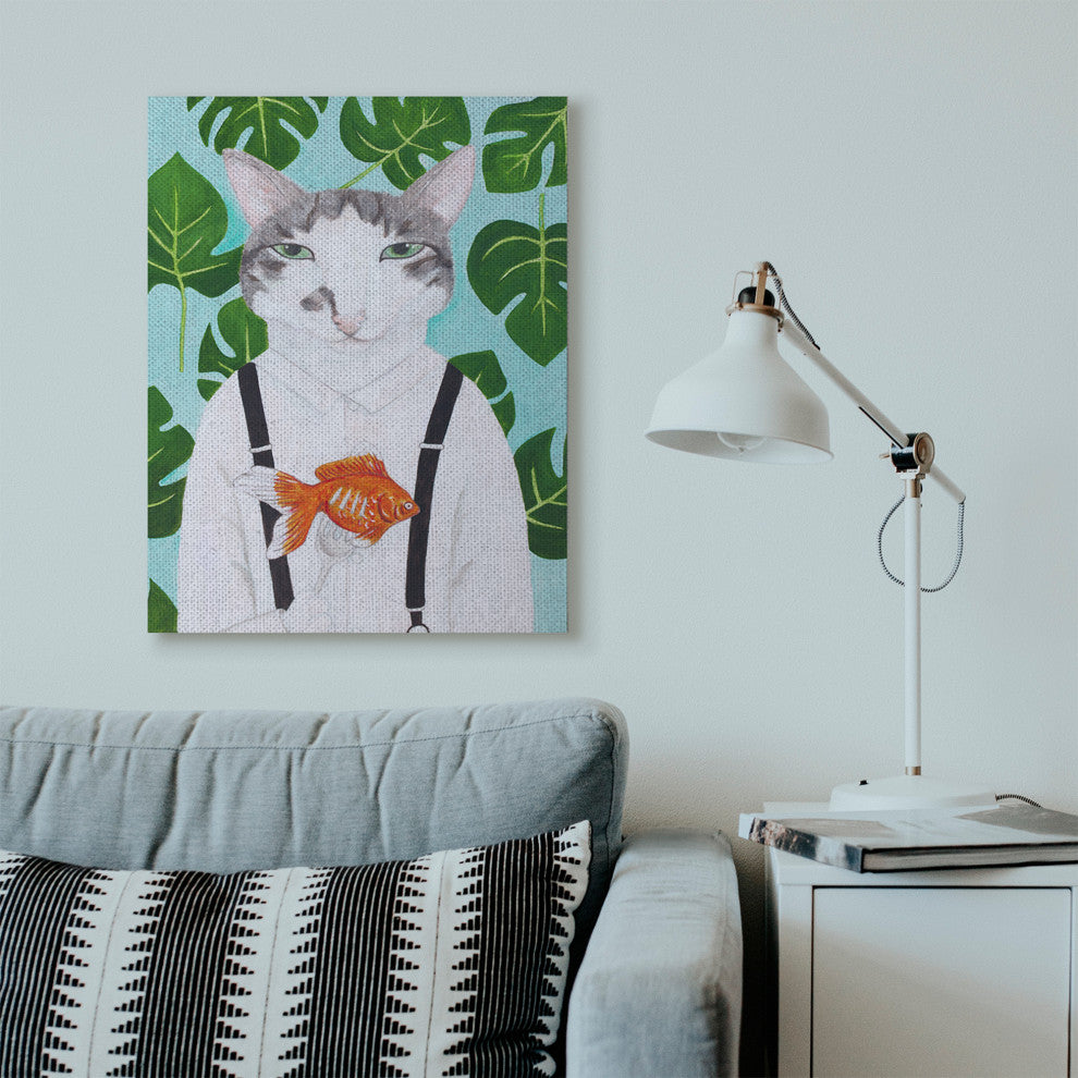 Cat Goldfish Dinner Funny Animal Portrait Painting, 30"x40"