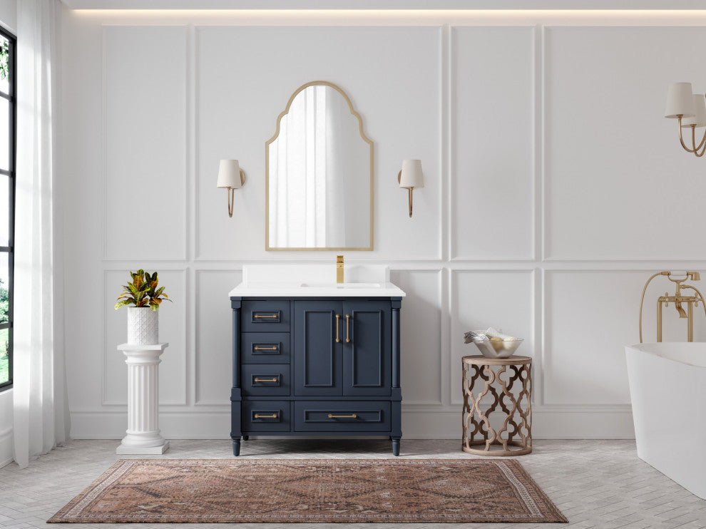 Aberdeen 36 Right Offset Bath Vanity in Hale Navy Blue  1.5" White Quartz