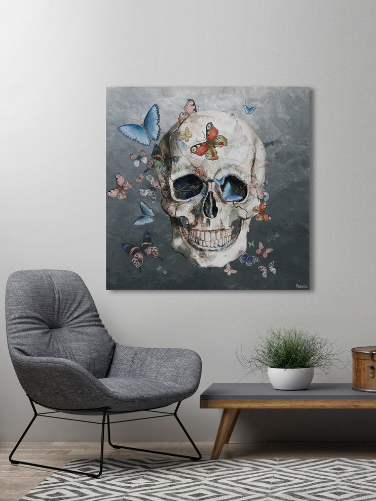 "Tinted Happy Butterfly Skull" Painting Print on Wrapped Canvas, 48"x48"