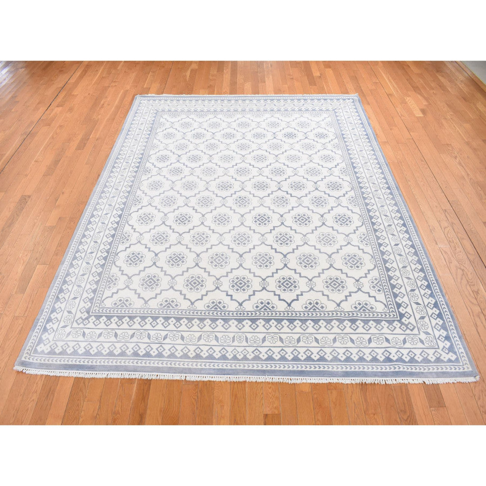 Ivory Agra Mughal Dynasty Design Cotton Hand Knotted Oriental Rug 8'1"x10'2"