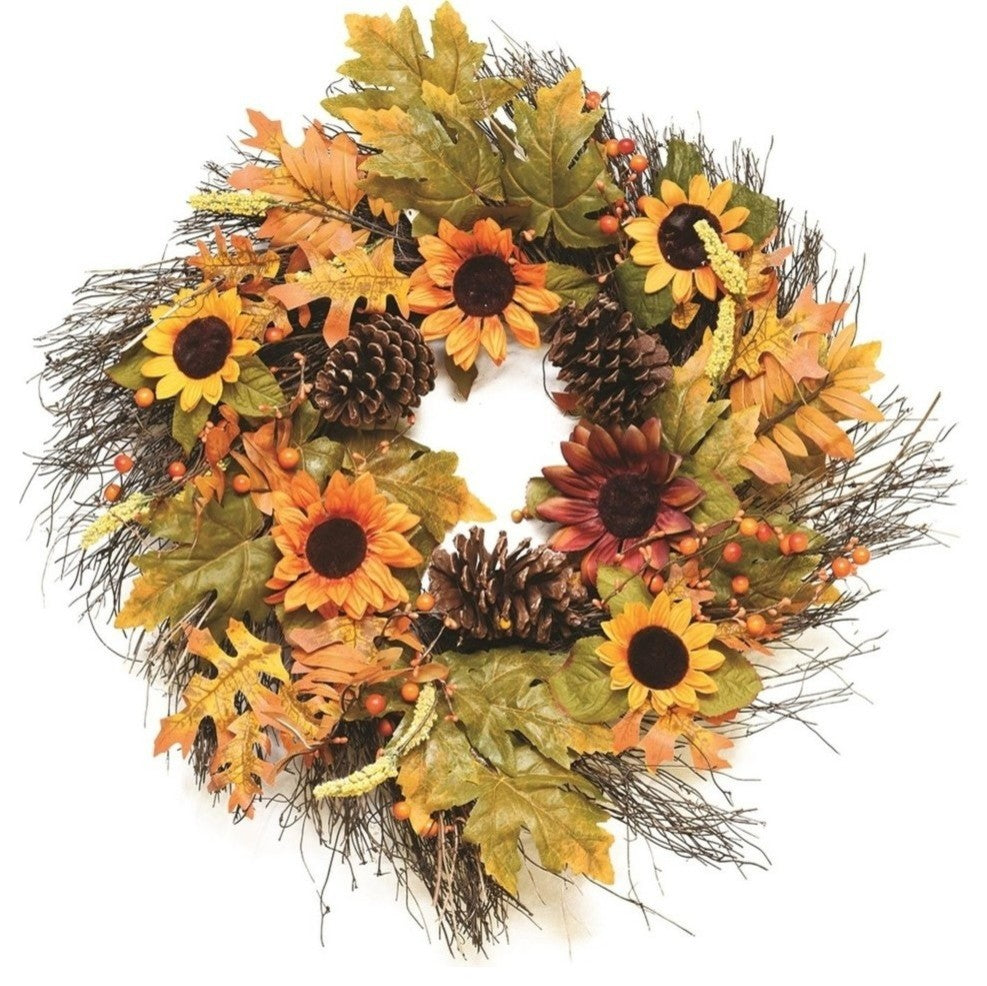 24" Autumn Harvest Fall Leaves Berries and Sunflowers Wreath