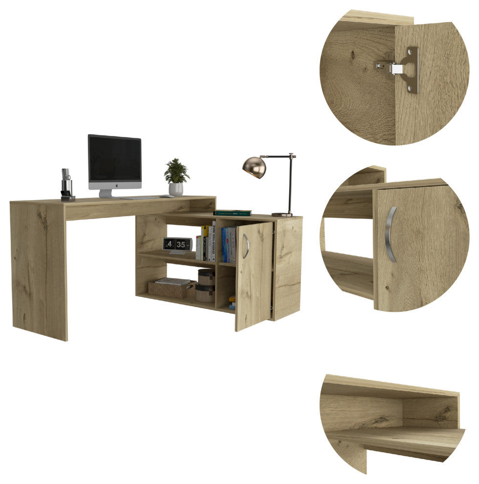 Boston L-Shaped Desk with Cabinet, 2 Inner Shelves, and 2 Outer Shelves, Light Oak
