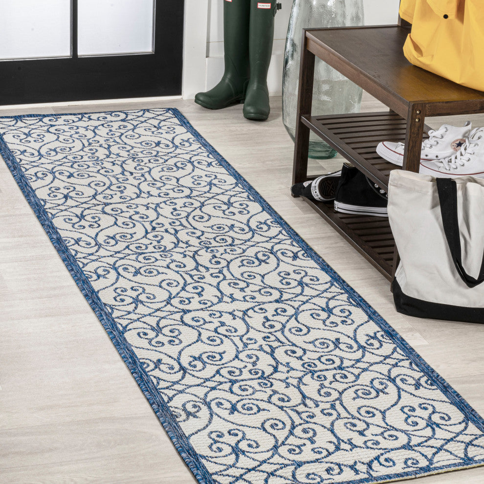 Madrid Vintage Filigree Textured Weave Indoor/Outdoor, Cream/Blue, 2 X 10
