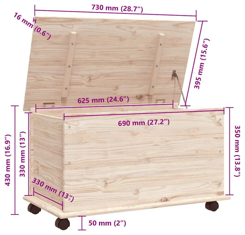 vidaXL Storage Chest Storage Trunk Toy Box with Wheels ALTA Solid Wood Pine, Natural, 1 Pcs